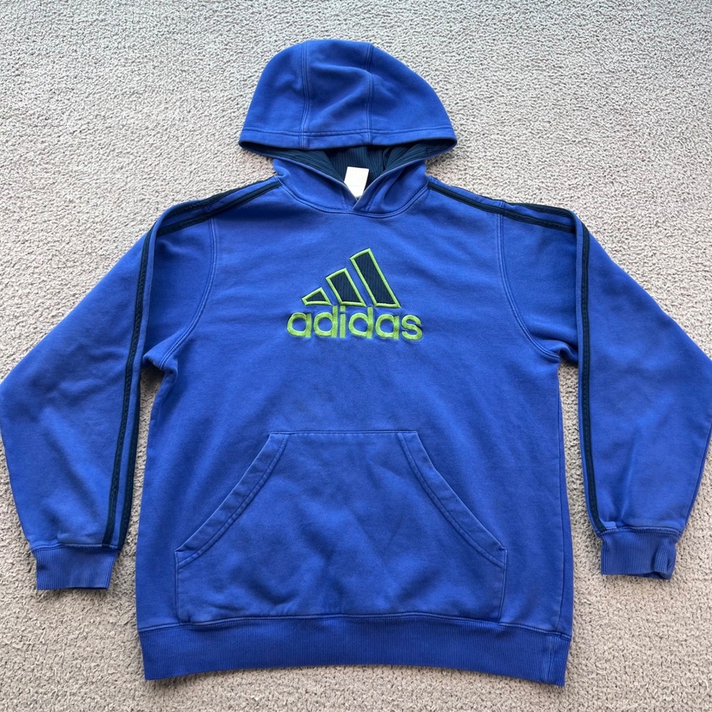 Vintage 2006 Adidas Men L Royal Blue Lime Embroidered Logo Hoodie Sweatshirt